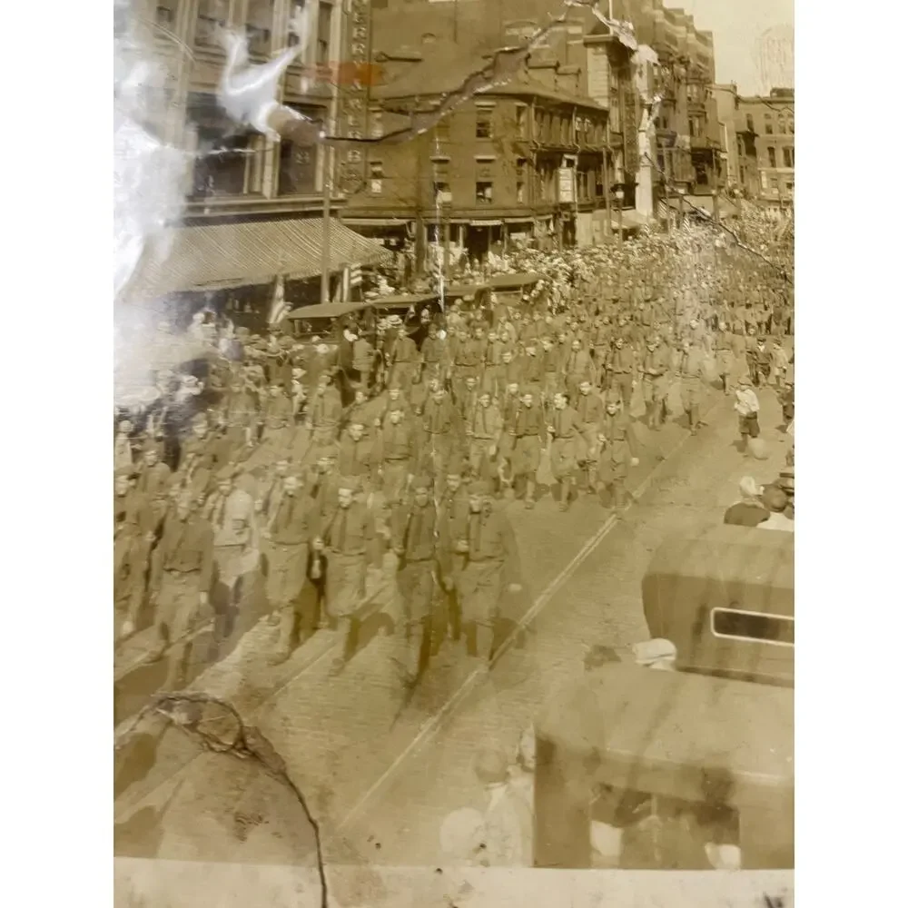 Antique WWI Military Soldiers Parade Photo Downtown Street Scene Massachusetts